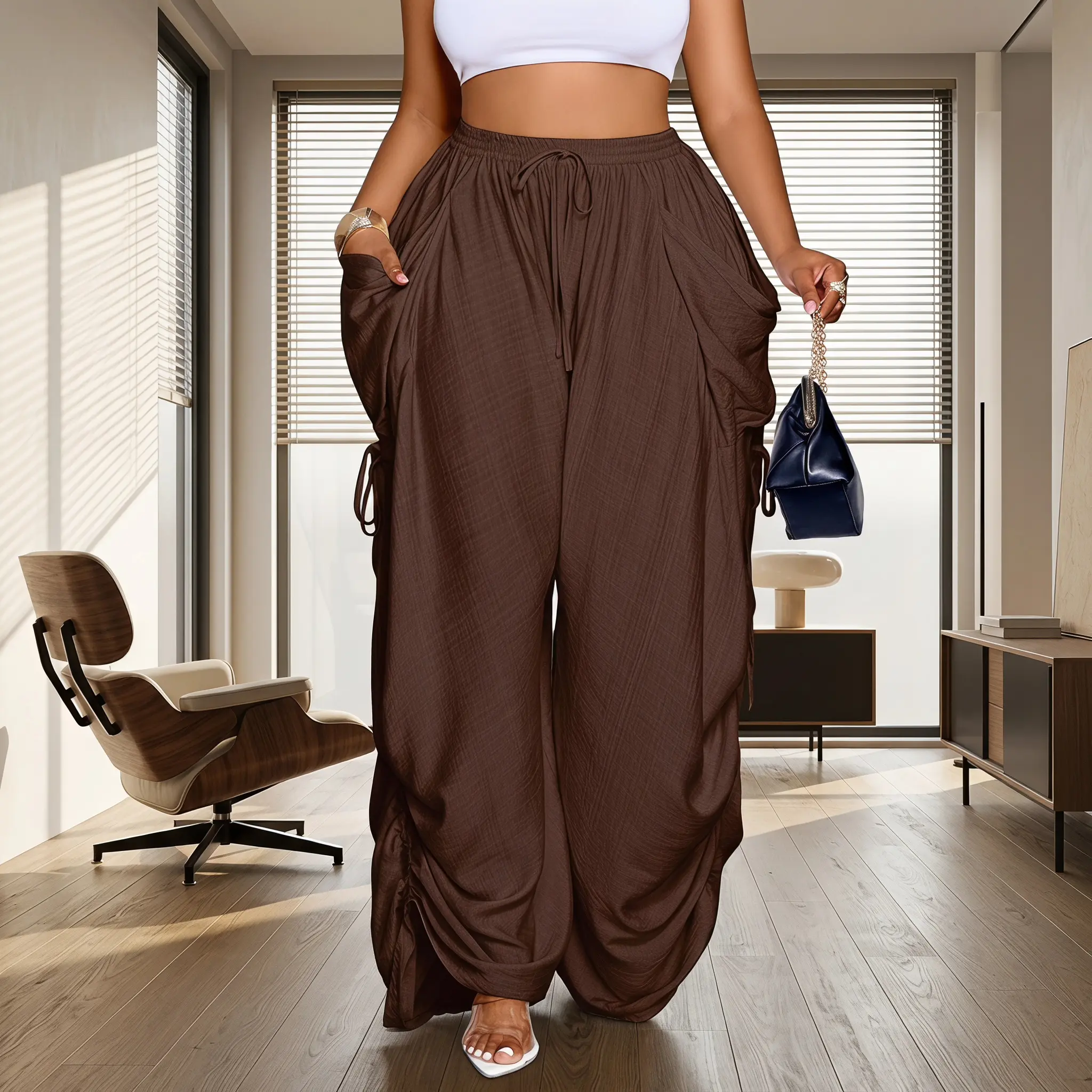Women's Casual Loose-Fit   Wide  Pants, All-Season Woven Fabric, Long  Design, Daily Commute &Flattering   Wide  Pants For Women Casual Loose Fit All Season Woven Fabric Elastic Waistband Daily Commute Vacation Wear  Long