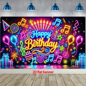 Neon Music Birthday Backdrop Tapestry Wall Hanging Photography Background Colorful Stage Light Banner for Birthday DJ Party Event Home Decor Polyester Fabric
