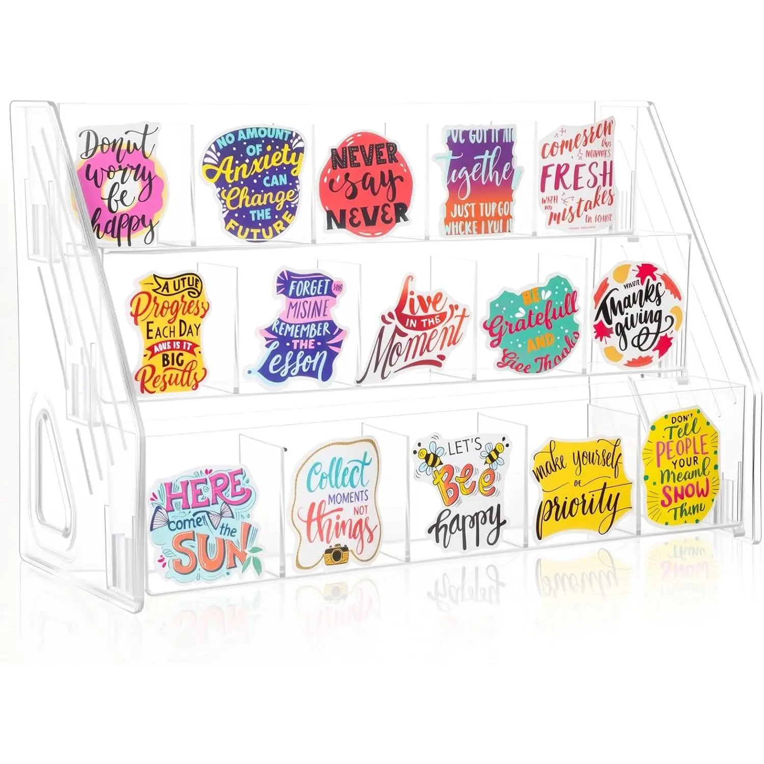 Acrylic Sticker Display Stand with Divided Pockets, Portable Bookmark Holder Tiered Display Stand, Clear Desk Organizer for Home, Retail or Craft Fair Use(15 Pockets, 3 Tier)