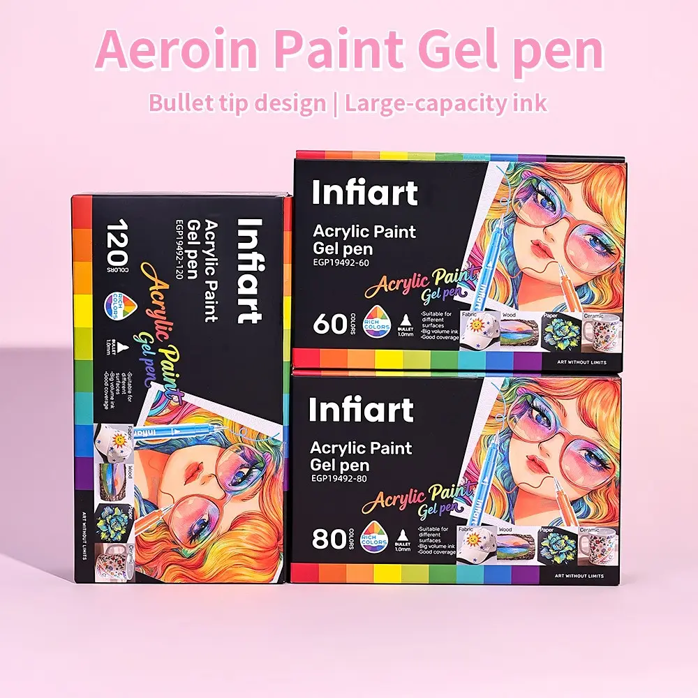 Infiart Gel Pen Set, 60/80/120 Colors, Stackable Ink, 1.0mm Tip, Full Color Large Capacity, Artistic Drawing, Anime, Comic Supplies