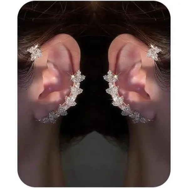 2 count Rhinestone Butterfly Earrings Ear Cuffs Non-Pierced  Earrings Butterfly Climber Wrap Around Earring Dainty Adjustable Ear Clip  for Women
