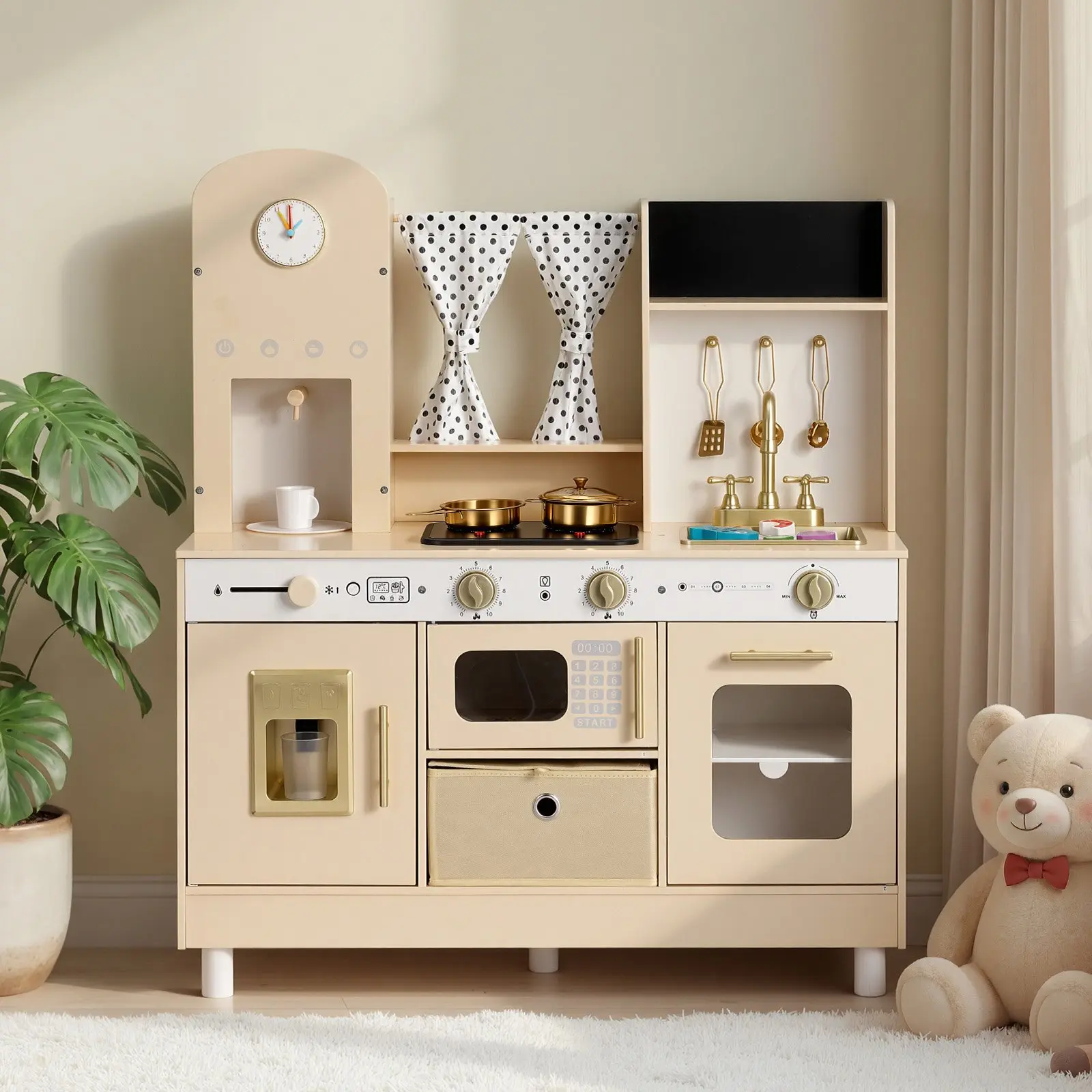 VEVOR Play Kitchen for Kids, Wooden, Kids Kitchen Playset with Realistic Lights Sounds, Food Cookware, Modern Style Pretend Play Toy Set, Ice Maker, Microwave, for Toddlers, Girls Boys Ages 3-8