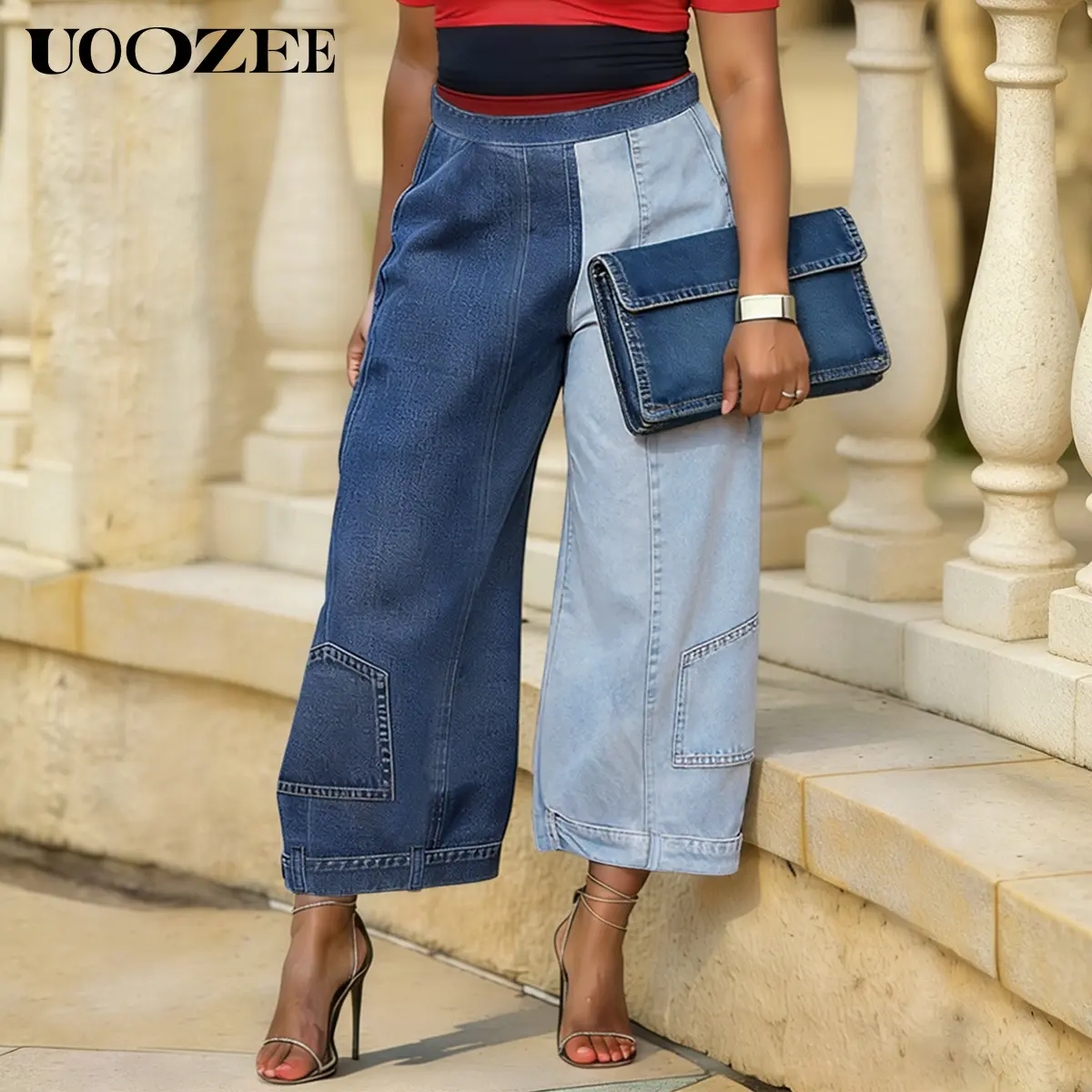 UOOZEE Women Contrast Two Tone Patchwork Wide Leg Cropped Jeans, Loose Color Block Denim Pants with Side Pockets, Cotton Polyester Rayon Blend Urban Casual All Season Street Bottoms