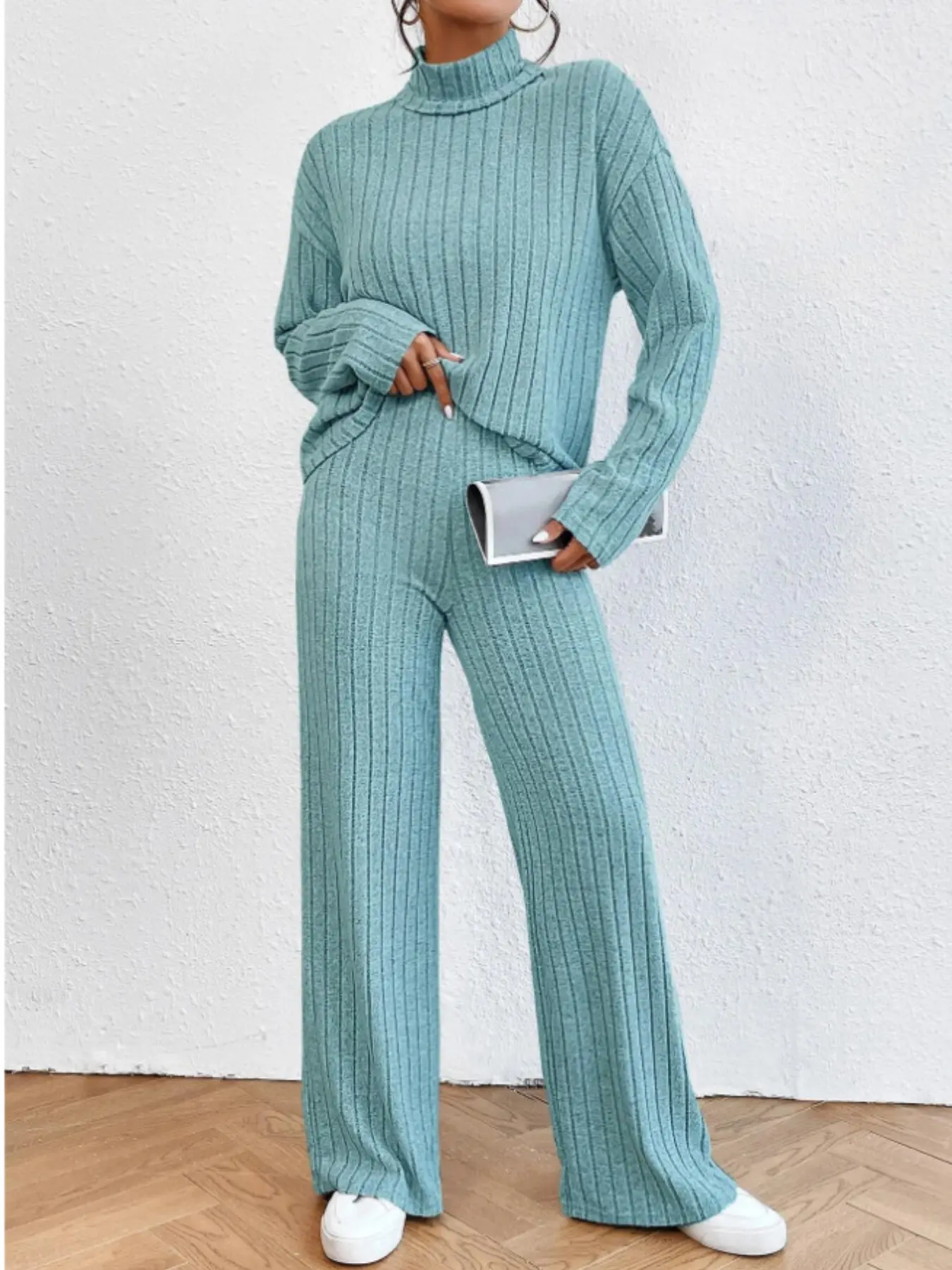 Women's Casual Turtleneck Knitted Two-Piece Set, Long-Sleeve Hoodie & Relaxed-Fit Pants, Fall/winter Fashion, Eu/us Cross-Border Style