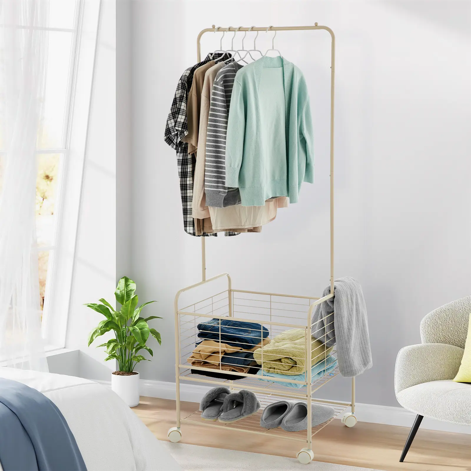Garvee Heavy Duty Rolling Clothes Rack – Freestanding Metal Garment Organizer with Hanging Bar, Storage Basket & Shelves – Portable Clothing Rack for Laundry Room, Bedroom, Bathroom – Apricot