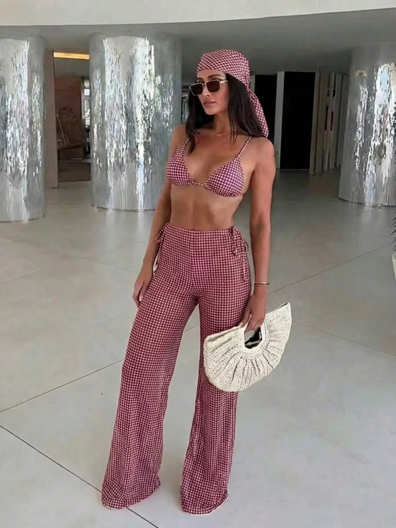 2026 Wine Plaid Print Bikini Set with Wide Leg Pants, Vintage Plaid Beach Resort, Stylish Plaid Beachwear Set, Summer Swimsuit Set, Bikini Swimsuit Outfit, Beach Swimwear Clothes, Stylish Bathing Suit