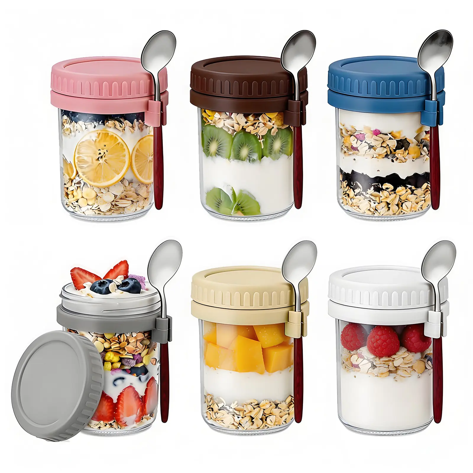 6 Pack Glass Overnight Oats Containers - 12oz & 16oz Wide Mouth Mason Jars - Airtight Leakproof Multicolor Lids & Spoons - BPA-Free, Reusable Food Storage for Meal Prep, Yogurt, Salad, Chia Pudding, Snacks, Lunch