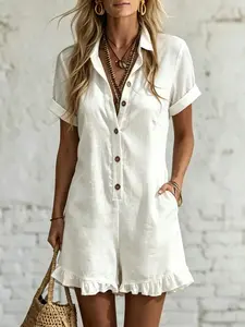 Elegant Lapel Button Design Ruffle Romper, Casual Vacation Style High-Waisted Slimming Romper, Comfortable and Stylish One-Piece