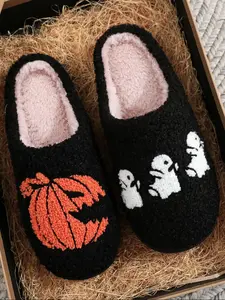 Halloween Pumpkin Ghost Embroidered Plush Slippers, Comfortable Indoor Home Shoes for Men & Women, Fall Season Gift Idea, House Shoes