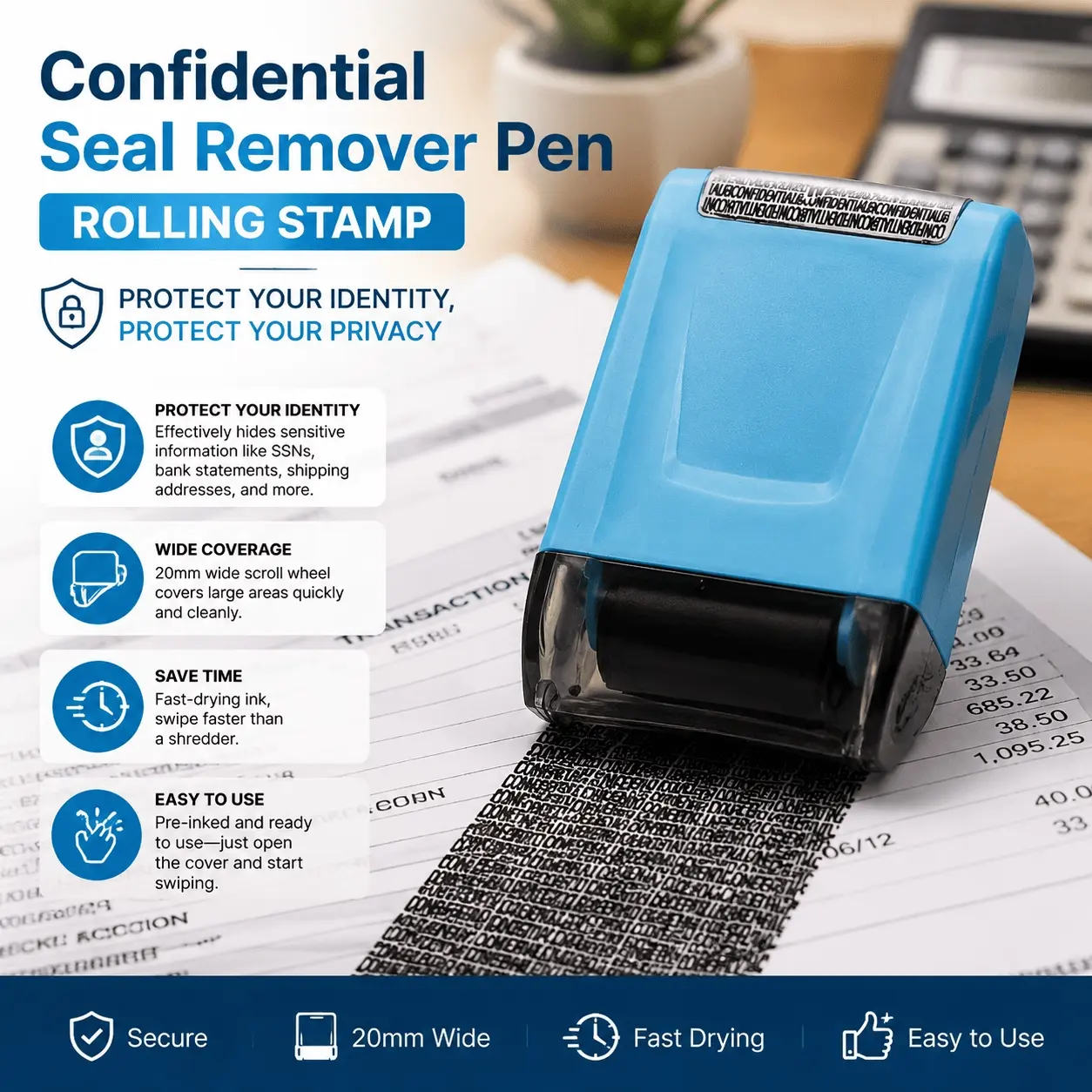 Durable All-Metal Privacy Stamp Roller: Reusable for Home Office, Medical & Financial Document Security. Smudge-Proof Ink, Prevents Identity Theft. Versatile for Bills, Mail & Confidential Files. Office Supplies