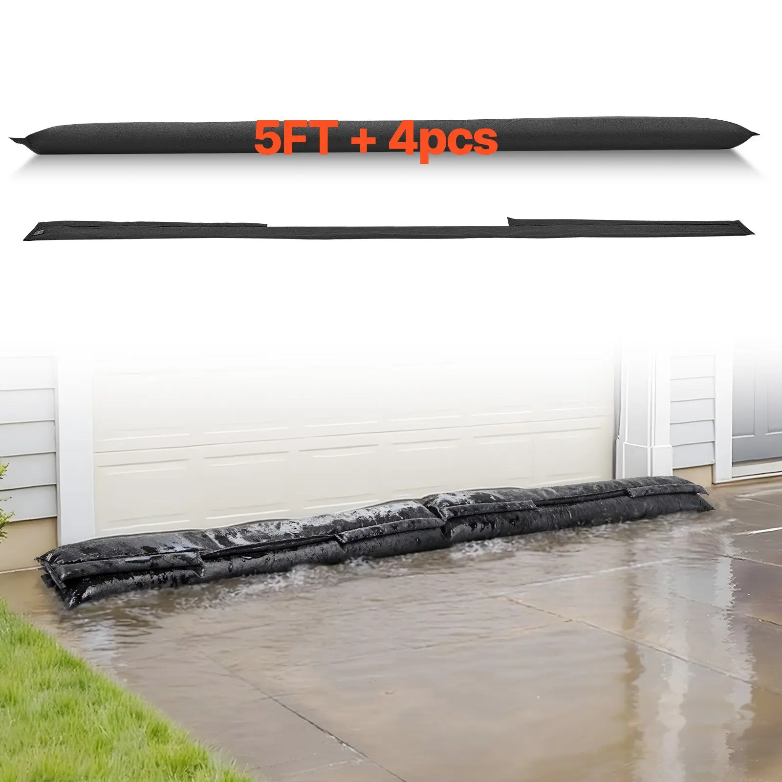 VEVOR Flood Barrier, 4 Pack, 5x 0.7 ft Flood Bags Activated by Water, Reusable Water Absorbent Barrier, Sandless Sandbags Blockage, Flooding Prevention Bags for Home, Doorway, Basement, Garage