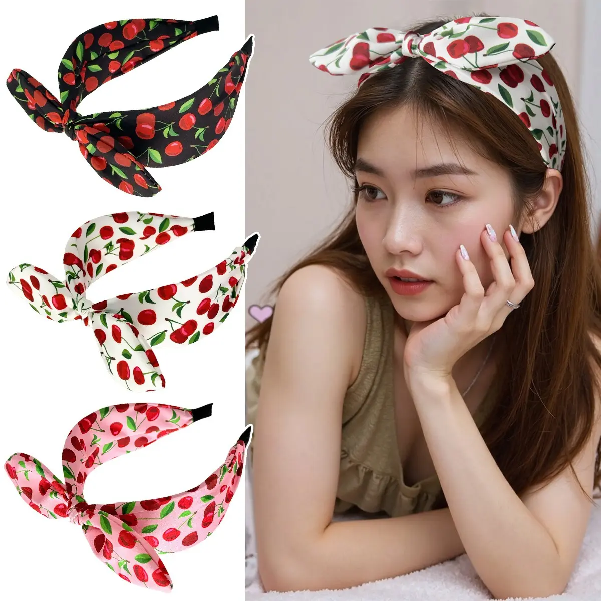 Women's Cherry Print Bunny Ear Headband - Soft Fabric Wide Bow Accessory with Plastic & Stainless Steel Accents, Wide Headbands for Vacation & Photoshoots