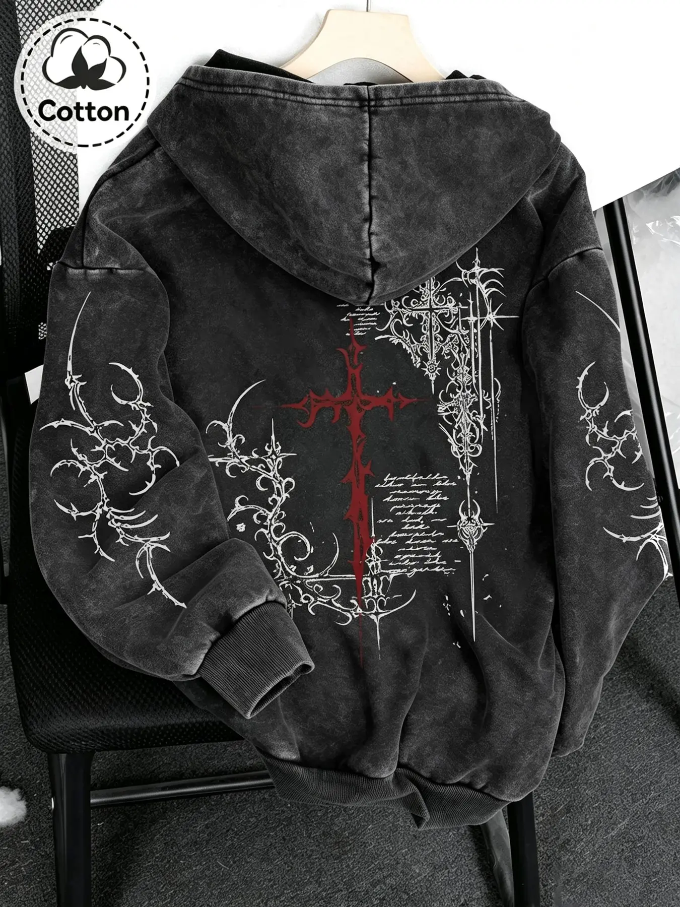 Men's Hooded Sweatshirt with Pockets, Vintage Cotton Cross Print, Gothic Punk Style, Casual, Spring Fall Winter Wear, Fitted Long Sleeves