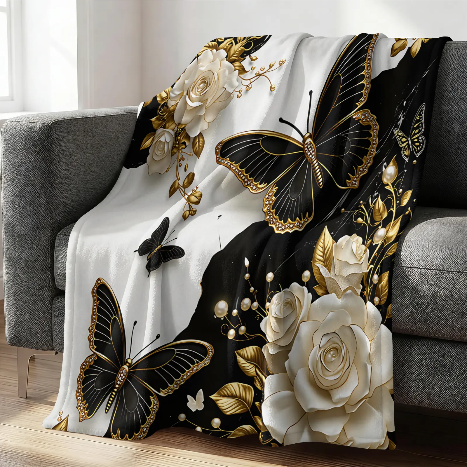 Luxury Gold Butterfly Rose Flannel Blanket, Soft Warm Plush, Digital Print, Ideal for Bedroom Sofa, Gift for Women
