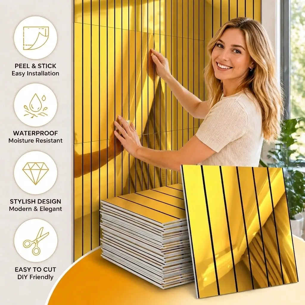 16/32 Piece 3D Striped Grid Self-Adhesive Temporary Wallpaper, Thick Mirror Texture, European Luxury PVC Wall Stickers, Removable for Living Room