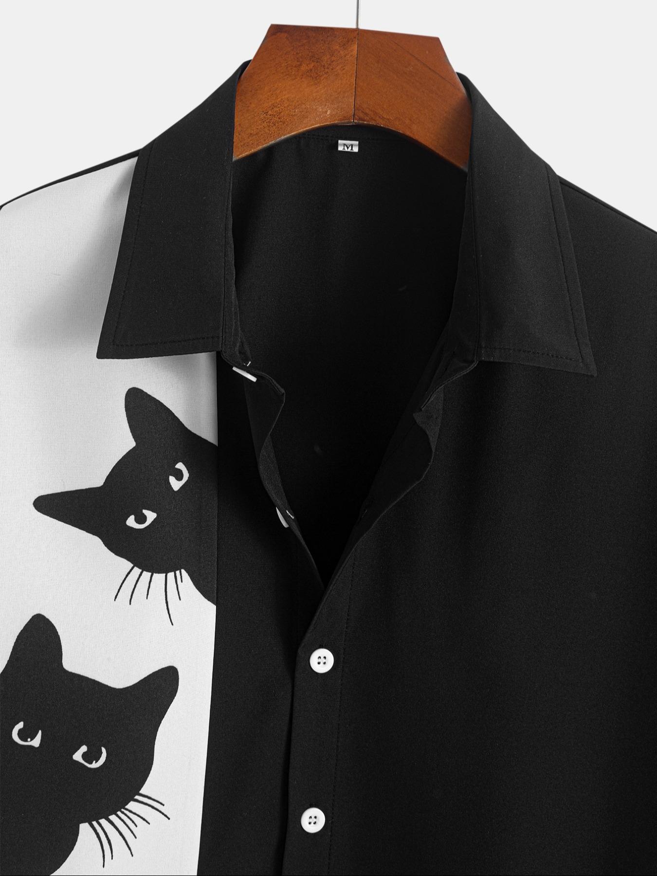 Men's Cat Print Button Front Shirt, Regular Fit Casual Short Sleeve Collared Top for Summer, Fashion Men's Top for Daily Wear, Animal Print Shirt