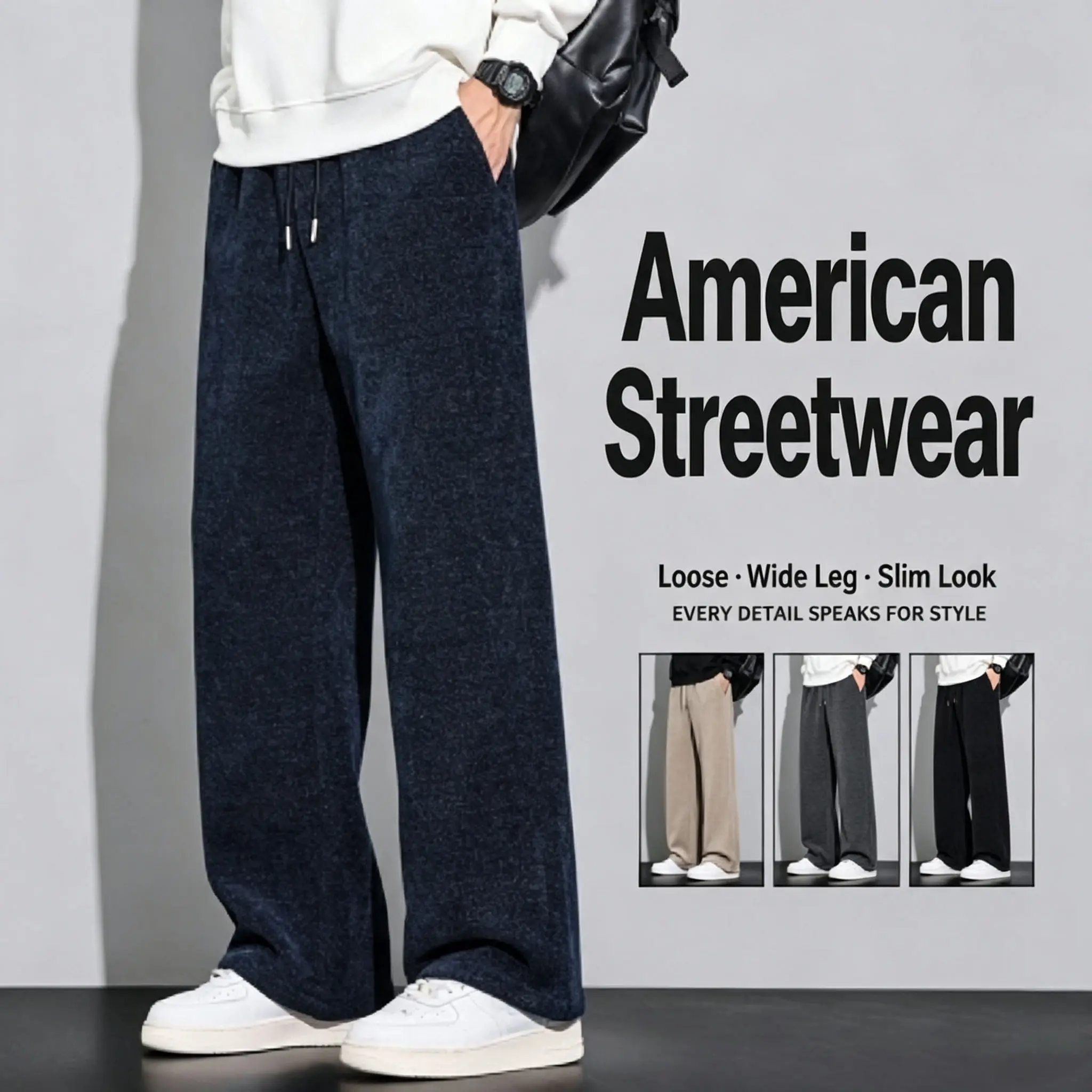 2026 Fall & Winter Men's Loose Straight Leg Casual Pants, Wide Leg Borao Velvet Sweatpants, Minimalist Draping Trousers
