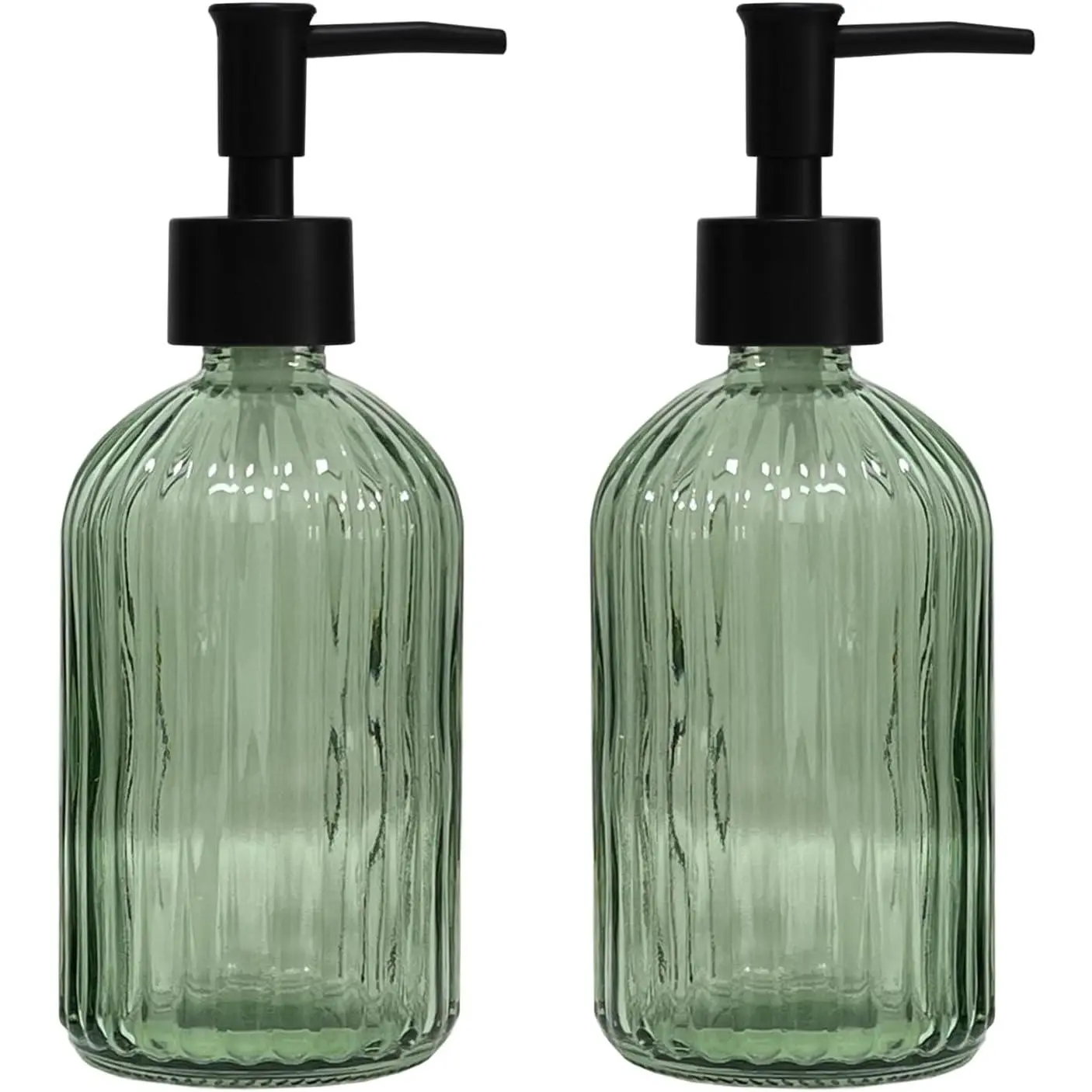 Green Glass Soap Dispenser Set with Black Pump, 13.5oz, 2 Pack | Refillable Liquid Hand Soap Dispenser, Lotion Dish Soap Dispenser for Modern  Decor, Bathroom, Kitchen Countertop, Hotel