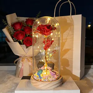 Valentine's Day Artificial Gold-Plated Rose with Creative Wooden Base and Glass Dome Featuring Couple Figurines, Multicolored Foam Balls, AA Battery Powered, Gift Box Packaging Ideal for Valentine's Day Gifts, Romantic Night Light for Bedroom Decor