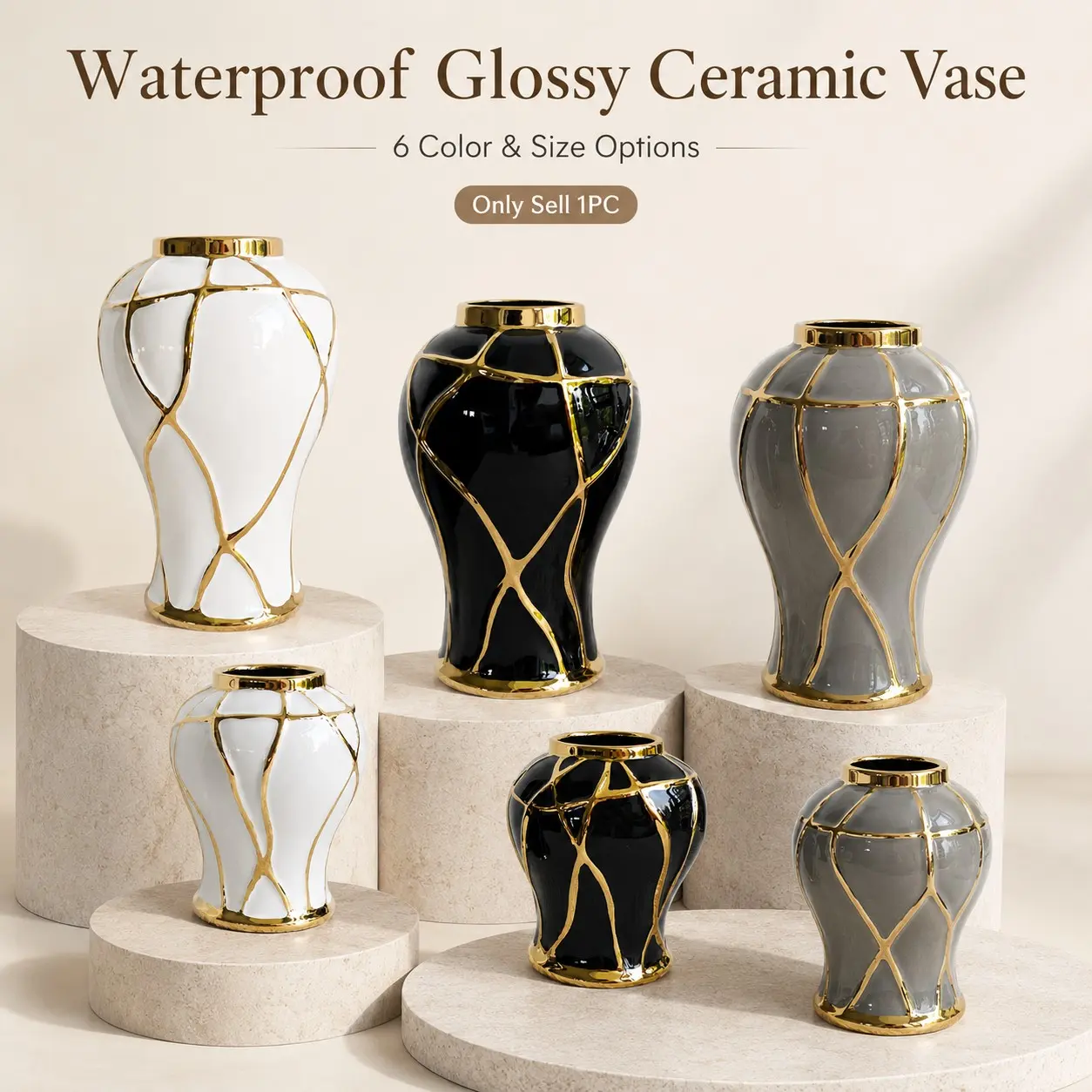 Modern Luxury Ceramic Vase, High Gloss Gold Line Decorative Flower Pot, Waterproof No Drain Hole, Elegant Centerpiece for Living Room Bedroom Office