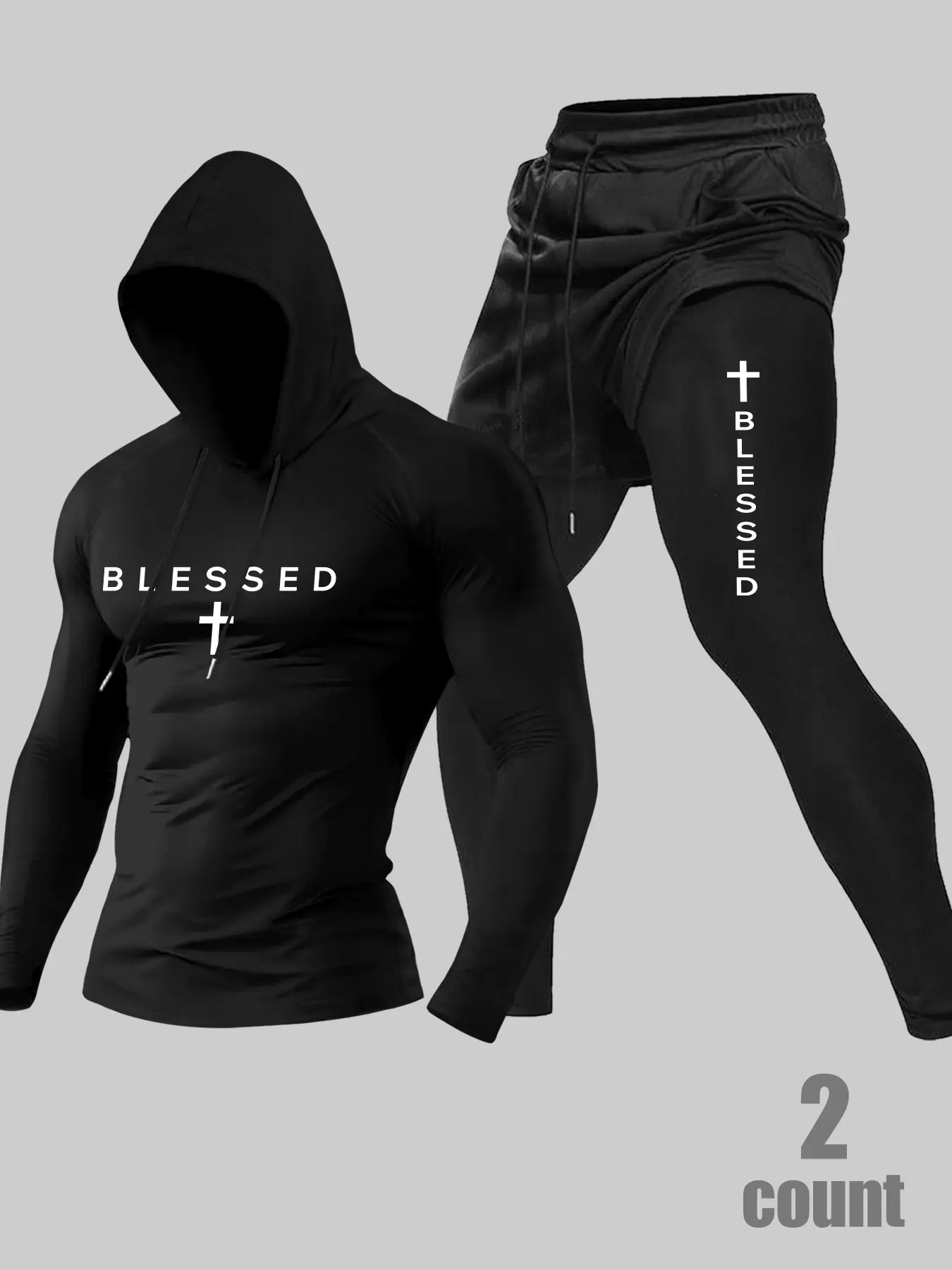 Men's 2‑Piece Fitness Training Set, Slim‑Fit Drawstring Hooded Long‑Sleeve Top + 2‑in‑1 Double‑Layer Athletic Shorts, Letter‑Themed Print Activewear, Ideal for Gym Workouts, Daily & Street‑Style Sports Outfits, Sportswear Set
