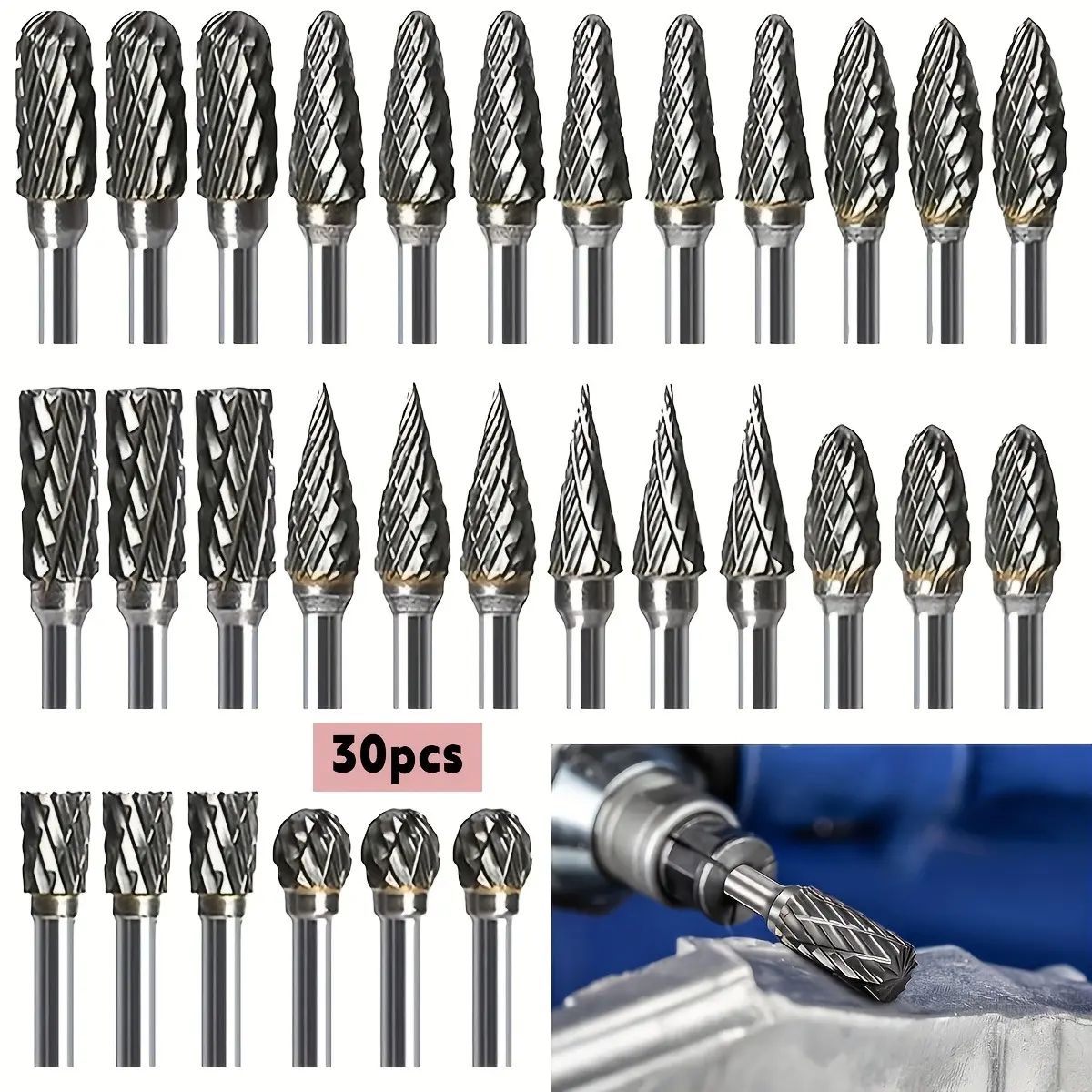 30 Pcs Carbide Rotary Burr Set, Single Cut Tungsten Steel Grinding Heads with Precision Shank, Rotary File Drill Bits Kit for DIY Woodworking Engraving Metal Polishing Die Grinder Accessories