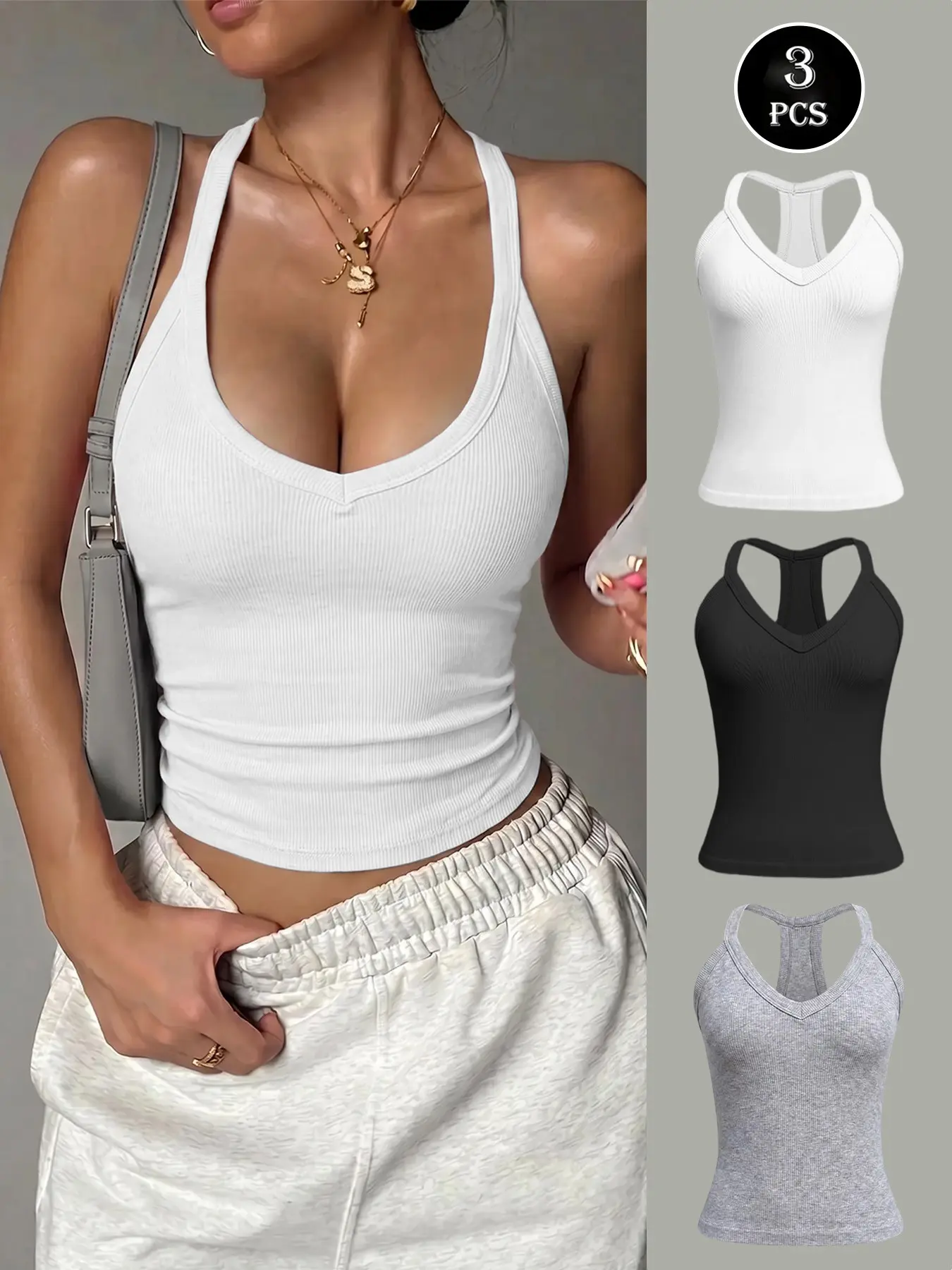 Y2K Ribbed Halter Neck Tank Top, Sexy Deep V Backless Crop Top, Sleeveless Fitted Sporty Style, Solid Color for Layering, Summer