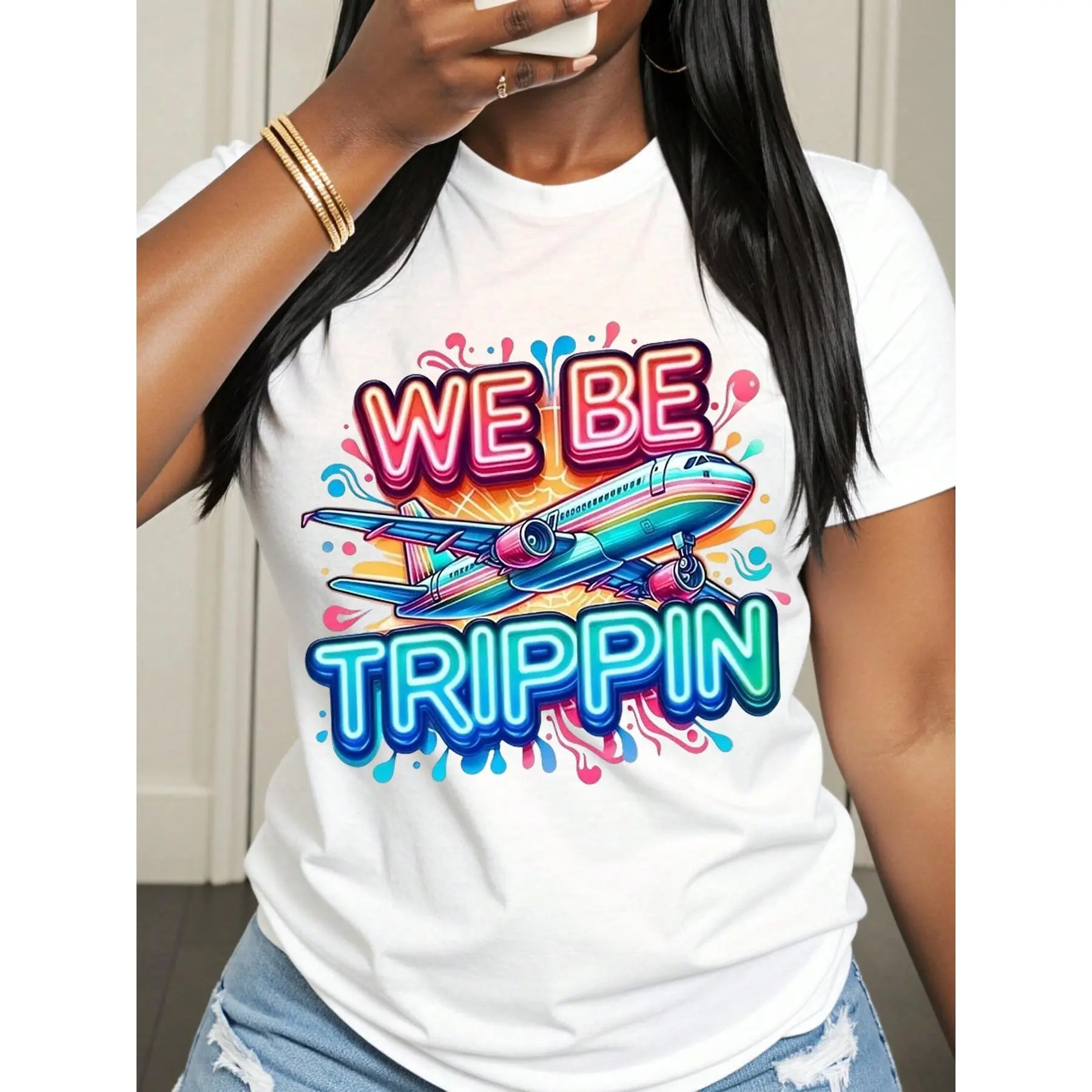 We Be Trippin Airplane Travel Tee Shirt Fun Graphic Design For Vacation Trip And Adventure Outfits Summer Casual Wear For Women Men And Kids gift