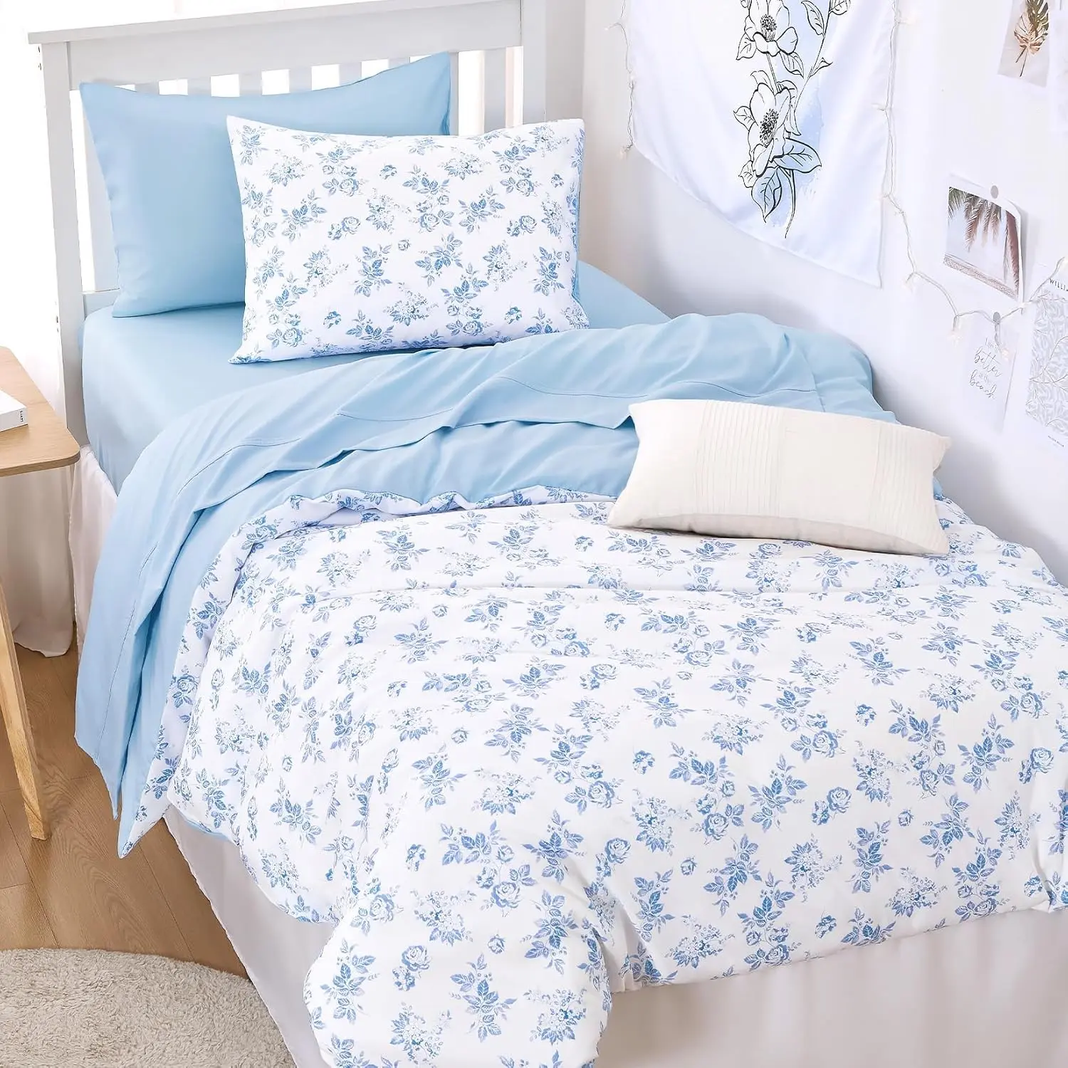 Cottagecore Comforter Set, Floral Vintage Flower Shabby Chic Coquette Aesthetic for Women Teen Girls, Soft Lightweight Dorm Bedding, 3 Pieces, Light Blue, Twin/Twin XL Size