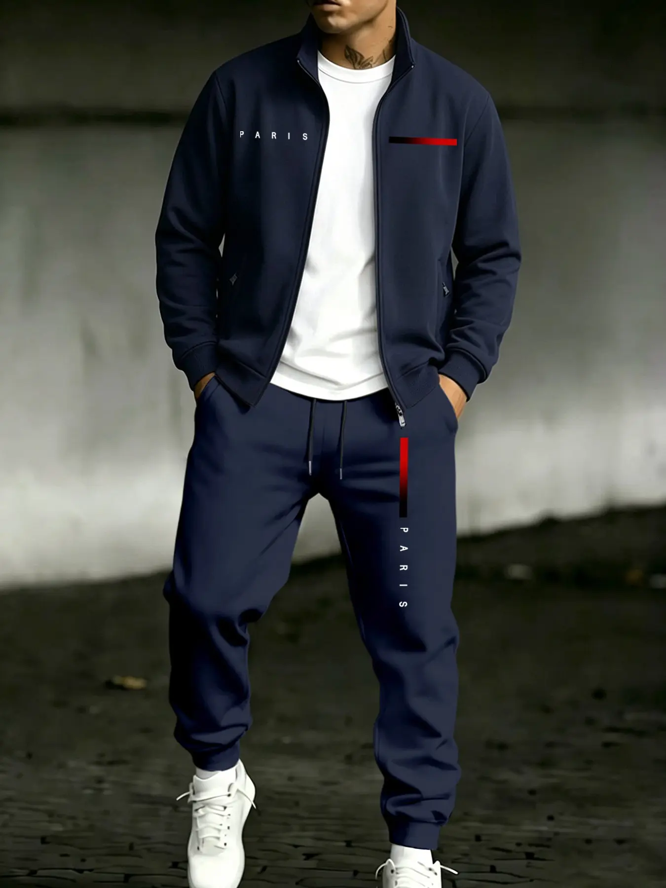 Men's Two-Piece Set with Stand Collar Zipper Jacket and Sweatpants, Paris Letter Gradient Stripe Print, Sporty Style for All Seasons