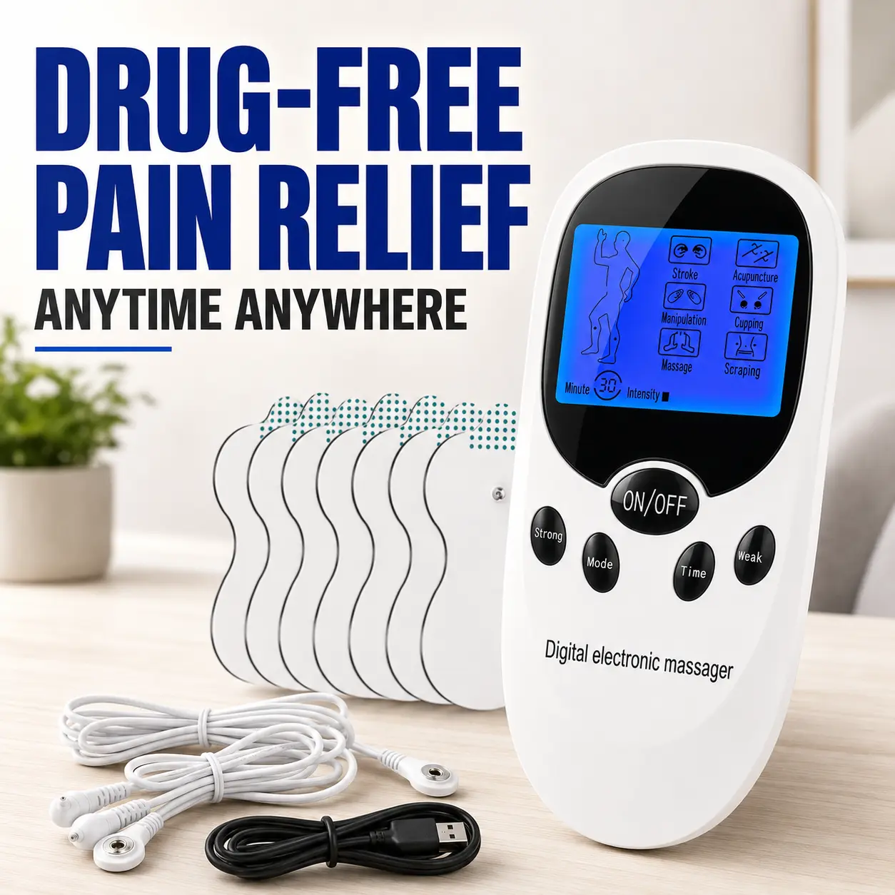 Handheld Dual-Channel Electric Pulse Massager, Portable Adjustable Lightweight USB Charge Massage Device with Storage, Electrode Pads, Connecting Wires-3114