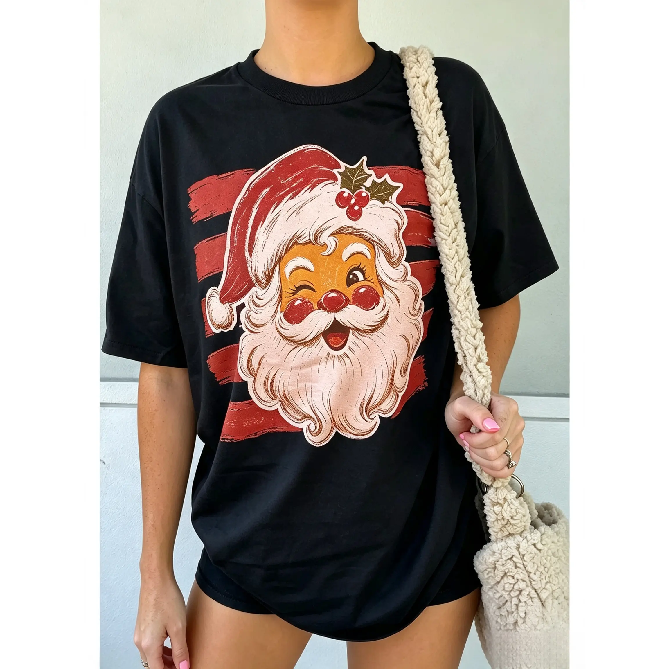 Red Stripe Santa Graphic Cotton Twill T-Shirt, Digital Print Sports Top for Outdoor Activities
