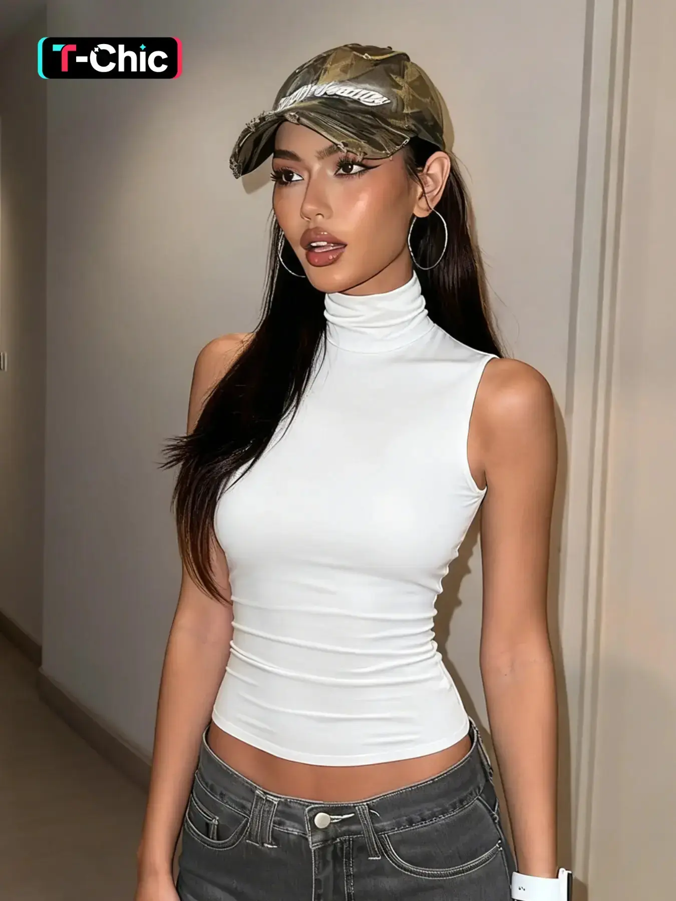 Women's Solid High Neck Turtleneck Cut Out Backless Tank Top, Sexy Plain Sleeveless Hollow Slim Fit Crop Top, K Party Club Date Holiday Beach Vacation Daily Casual Shirt Camisole Tops For Ladies Summer Fashion Clothes Wear Womenswear