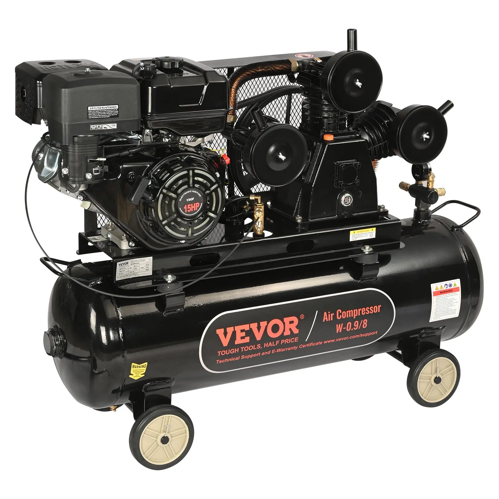 15HP Gas Powered Air Compressor, 30 Gallon Horizontal Air Compressor Tank, 33CFM115PSI Gas Driven Piston Pump Air Compressed System with 115PSI Max Pressure for Construction Sites Workshop