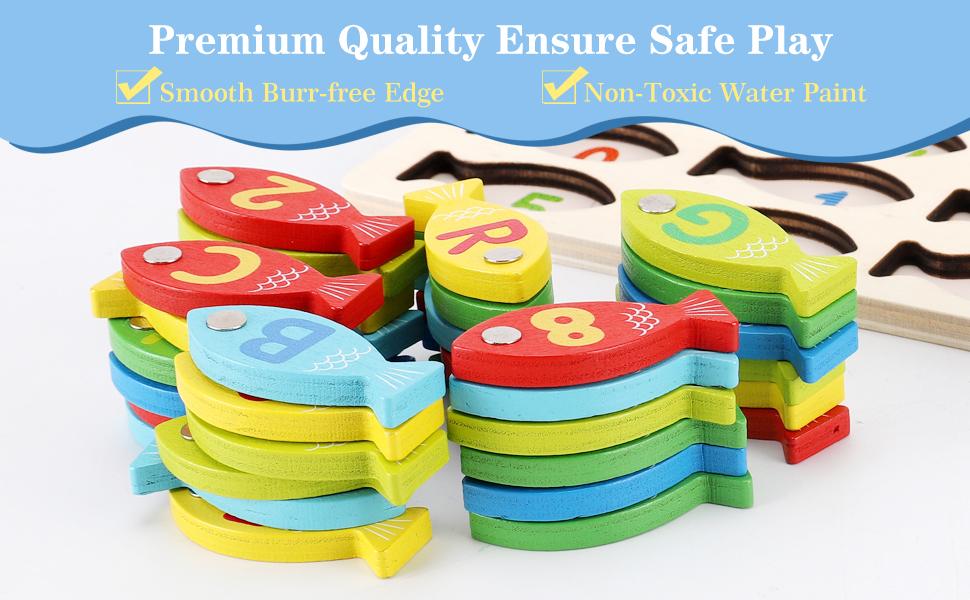Magnetic Wooden Fishing Game Toy for Toddlers, Alphabet Fish Catching Counting Games Puzzle with Numbers and Letters, Preschool Learning ABC Math Educational Toys 3 4 5 Years Old Girl Boy Kids