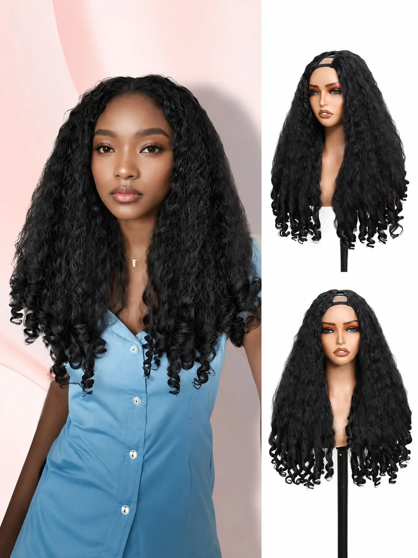 Curly V Part Wig Kinky Curly Wigs for Black Women 180% Density Wear and Go Glueless Wig with Unique Bouncy Curls in the End Synthetic Black No Leave out Clip in 24 Inch