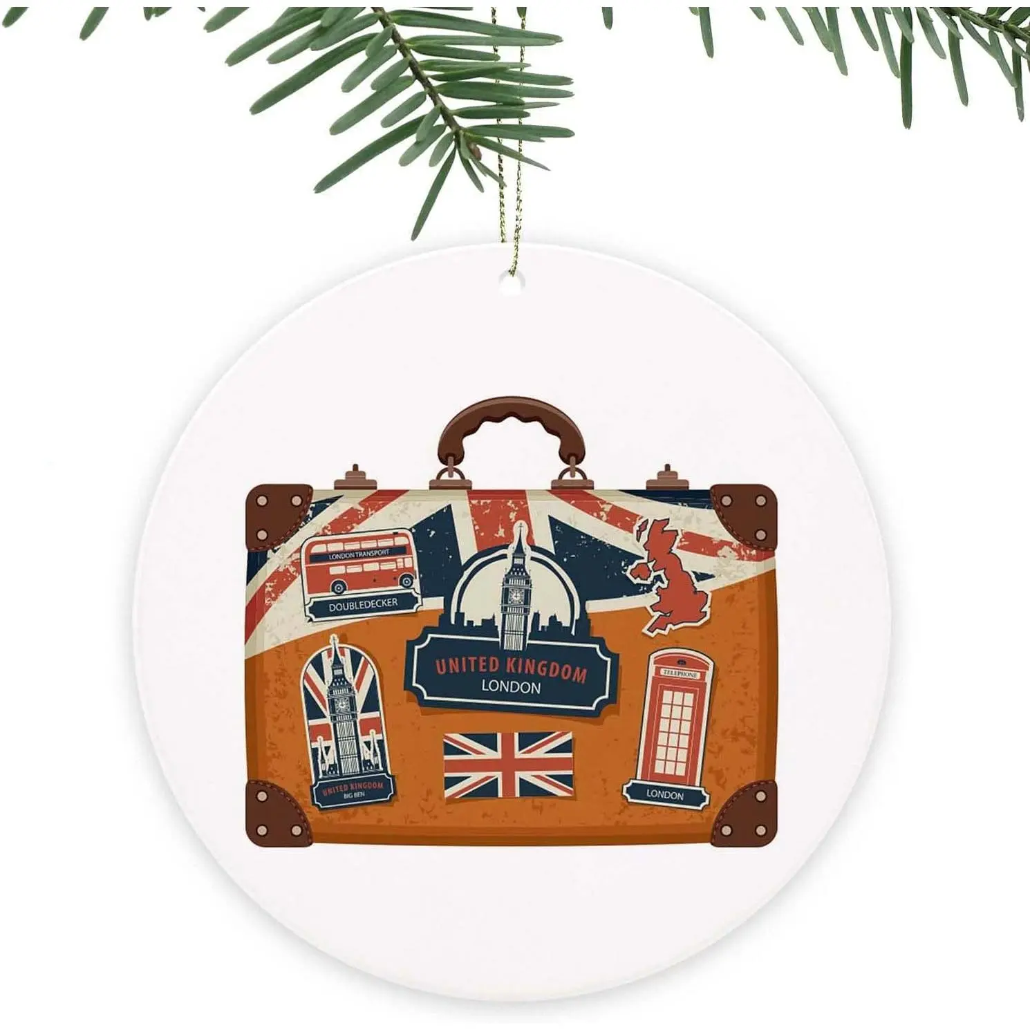 London Christmas Ornament,Travel Suitcase UK Souvenir,Tree Decorations,Funny Xmas Halloween Decor, for ,Family, Golden