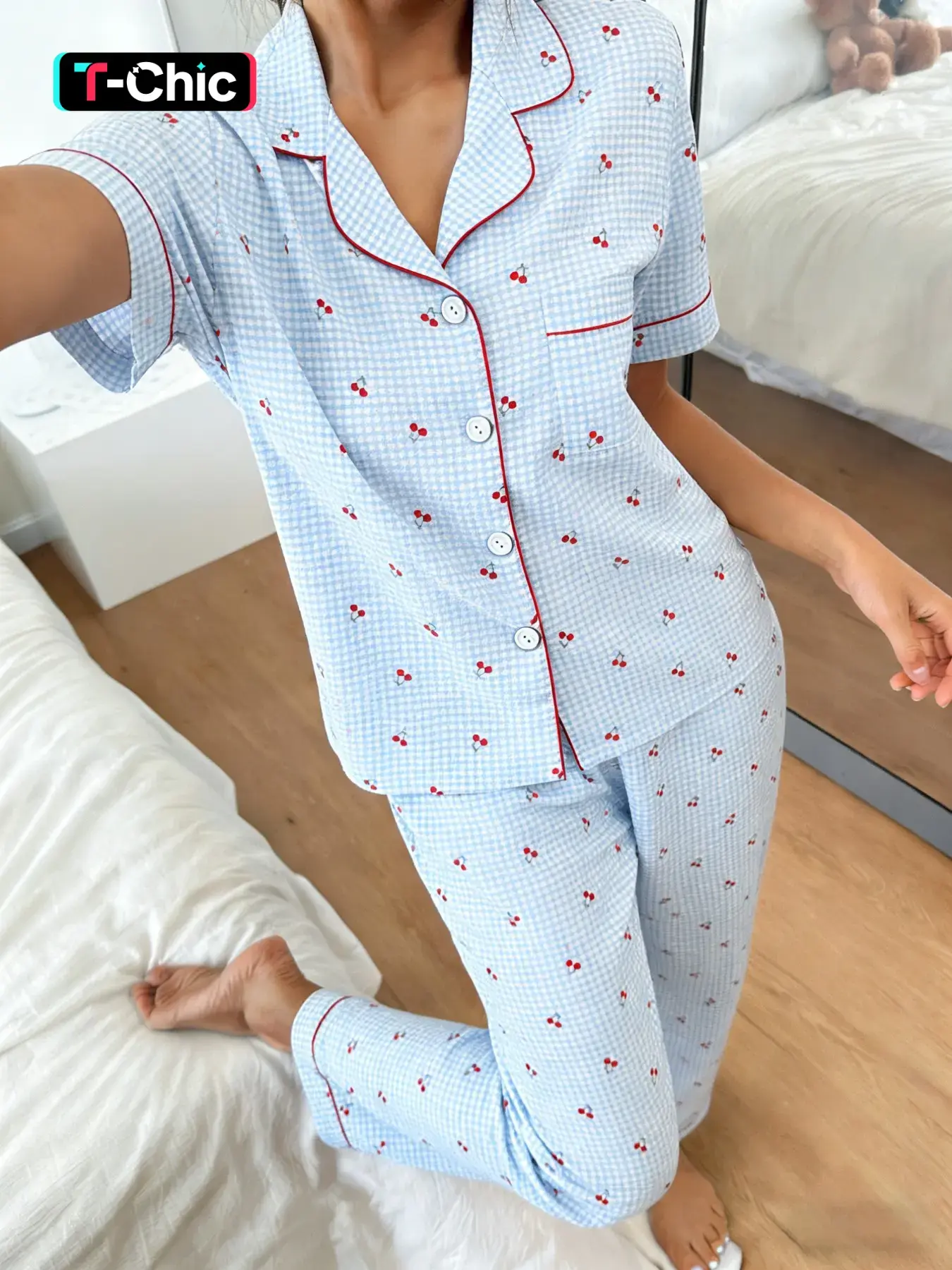 Women's Short Sleeve Top Long Pants Pajama Set Pyjamas, Blue Grid Cherry Full Print, Button, Casual Loose Fit, Soft Breathable Home Wear, Pjs, Loungewear, Nightwear, Fruit Print Pajama, Printed Pajama Set
