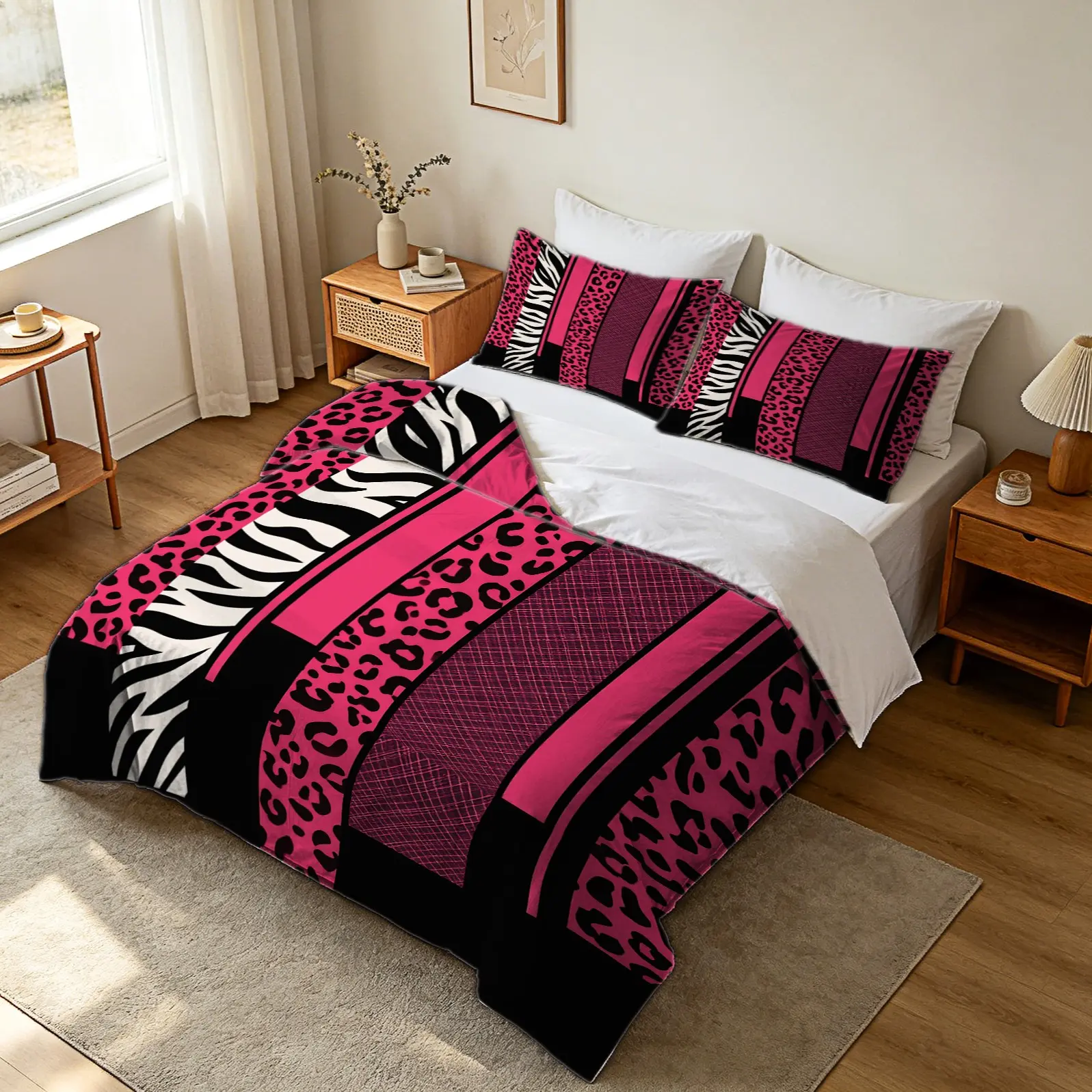 2/3Pcs Leopard & Zebra Print Comforter Set, Bold Wild Animal Stripe Quilt Bedding Set with Pillowcases, Pink Glam Y2K Style Bedding for Teen Girls Bedroom, Vibrant Trendy Home Decor, Bed Sets