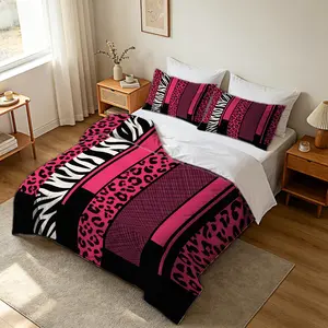 2/3Pcs Leopard & Zebra Print Comforter Set, Bold Wild Animal Stripe Quilt Bedding Set with Pillowcases, Pink Glam Y2K Style Bedding for Teen Girls Bedroom, Vibrant Trendy Home Decor