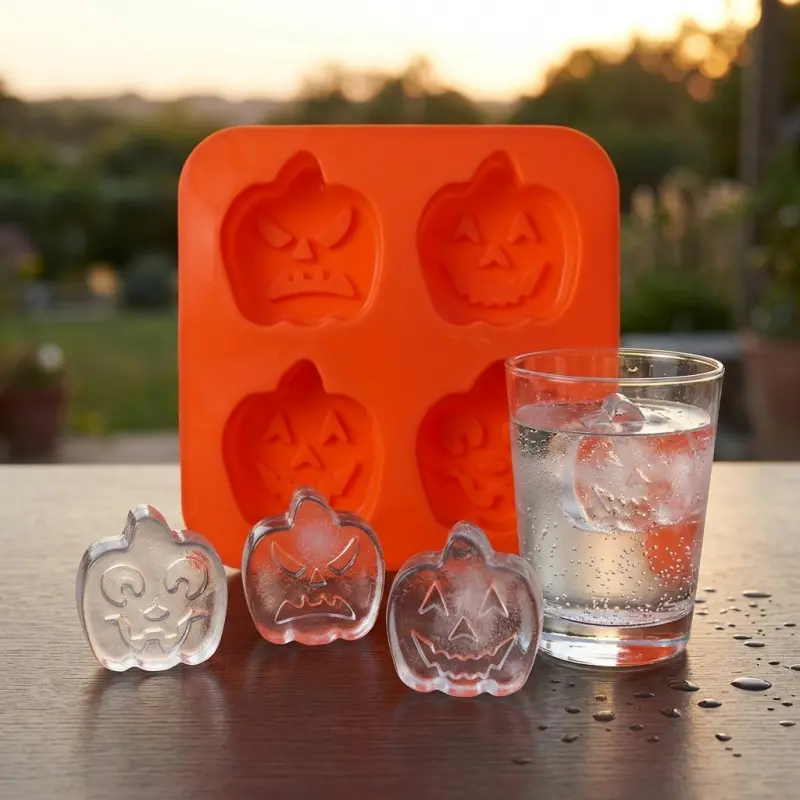 Halloween-themed Food Grade Silicone molds featuring four cavity pumpkin designs, as well as creative molds for ice cream and ice cubes, are ideal for crafting non-stick desserts, chocolates, and baking tools suitable for puddings and icings,
