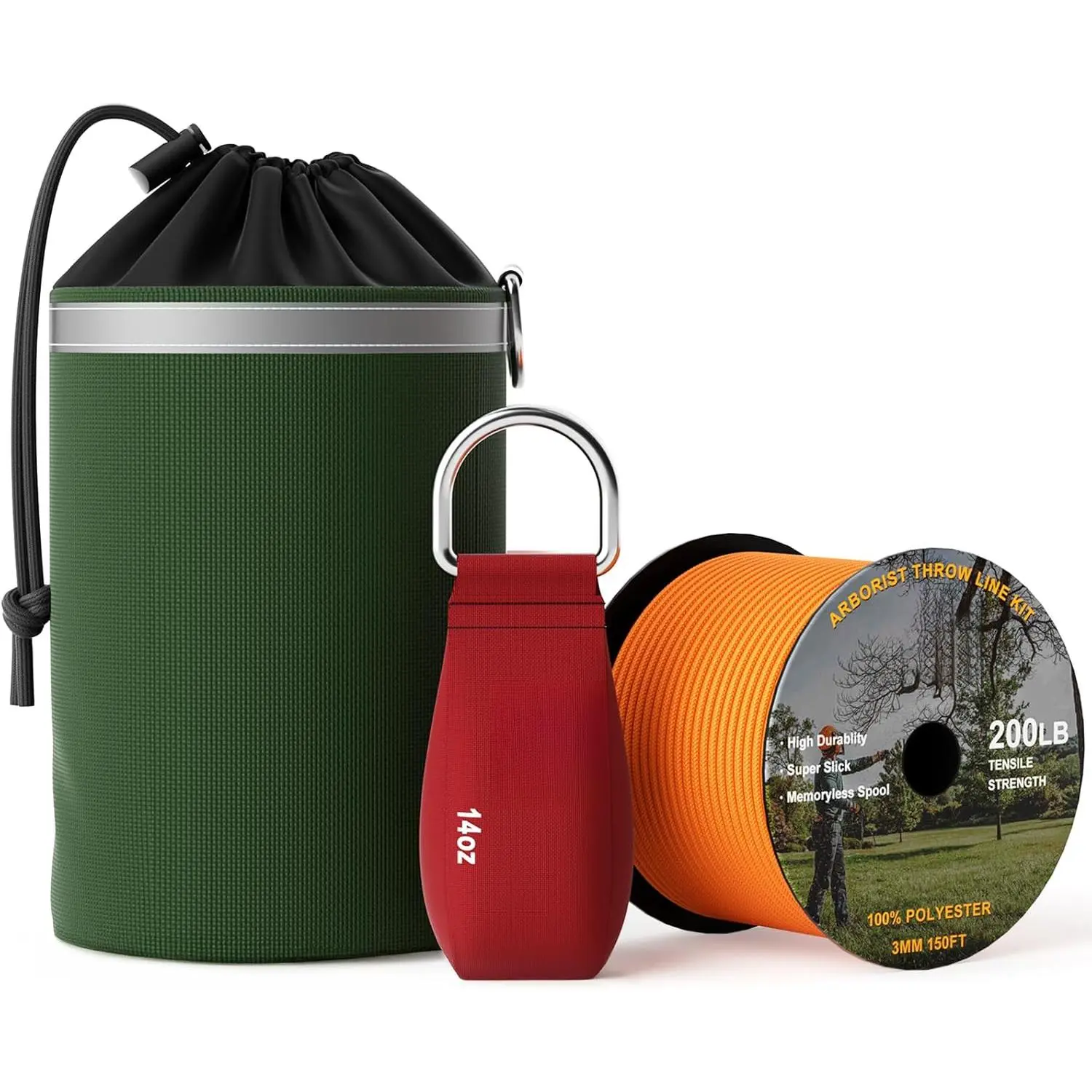 Arborist Throw Line Kit with Slick Rope & 12/14/16oz Throw Weight & Reflective Storage Bag, Polyester Throw Line and Arborist Throw Ball Kit for High Limbs Trimming Cutting Tree Work