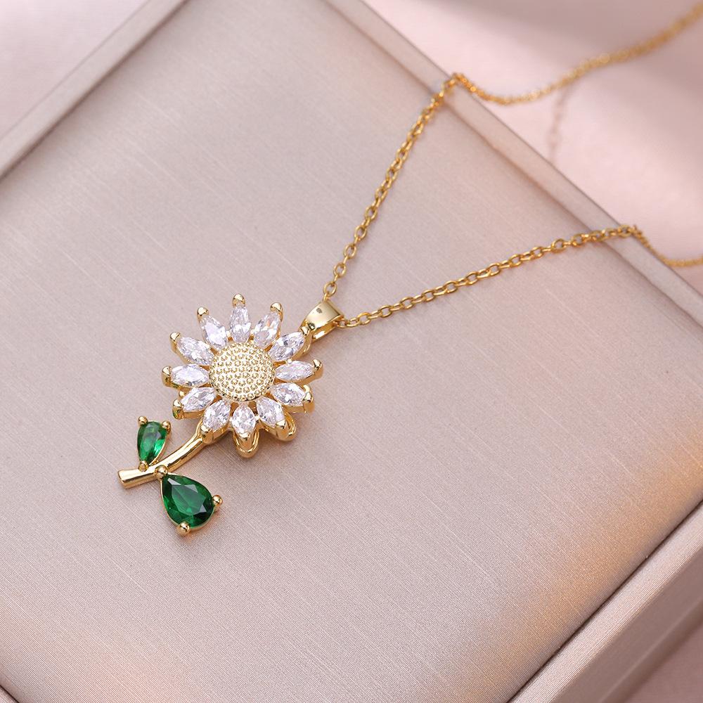 3PCS Jewelry Set, Green Leaf, Rotating Sunflower Zircon Necklace Ring Bracelet Fashion Suit Clavicle Chain