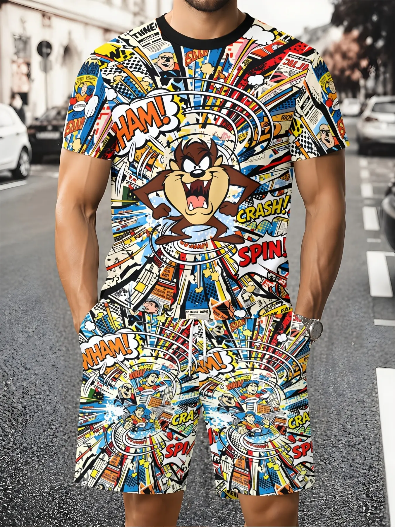 Warner Bros. Looney Tunes Yakko Men's Short Sleeve & Shorts Set, All-Over Print, Mesh Breathable, Casual Sport, Trendy Hip-Hop Daily Wear