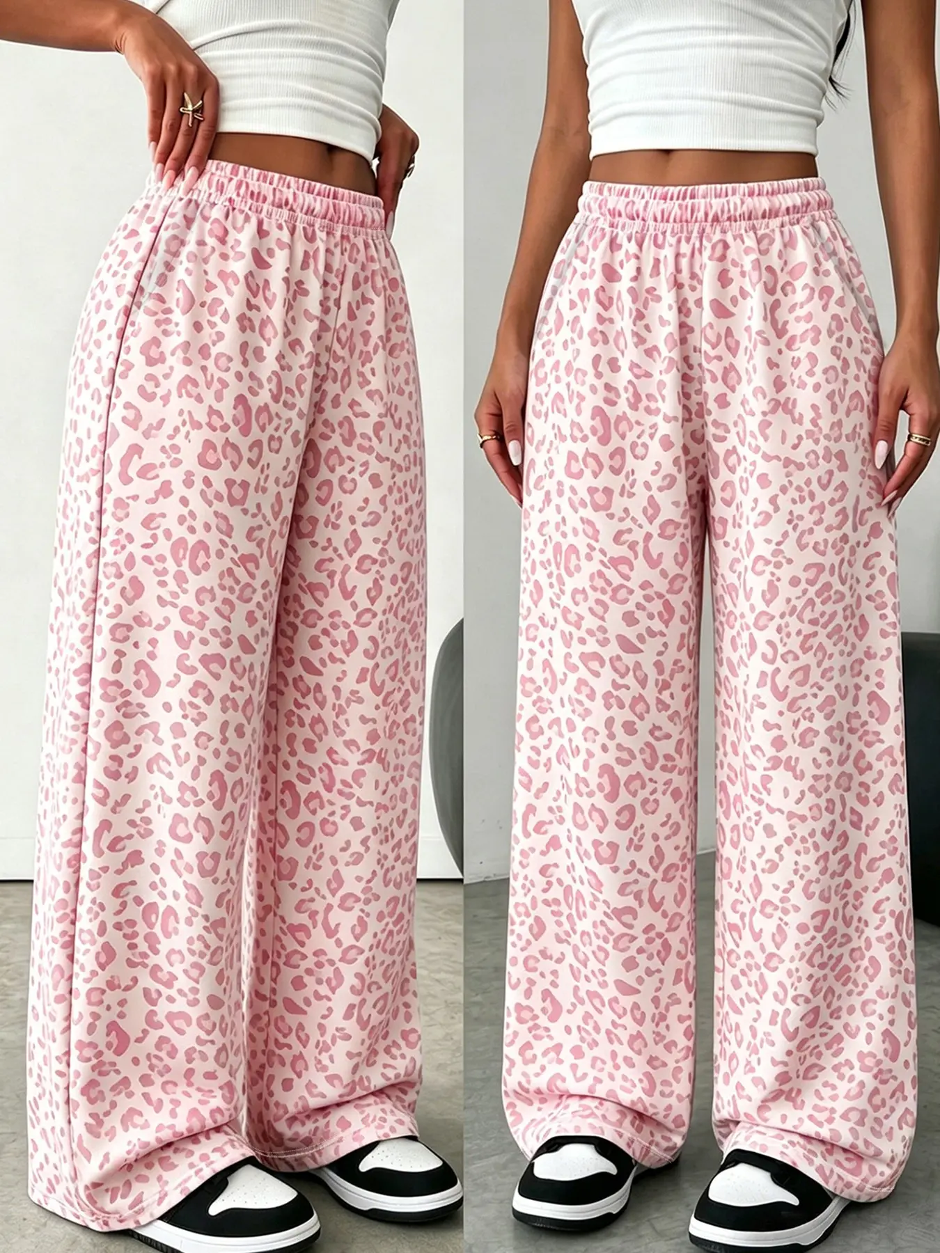 Women's Leopard Print Sweatpants, Casual Long Pants, Elastic Waist, Loose-Fitting, All Seasons, Streetwear Style, Campus Fashion