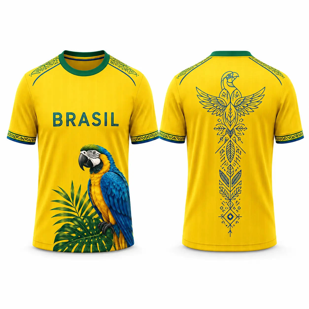 Macaw Parrot Crew Neck Jersey - Men's Lightweight Polyester Summer Top with Yellow Tropical Graphic, Green Collar, for BBQ Parties, Beach Trips, Cultural Celebration, Cold Wash Compatible Sports Casual Wear, Decorative Border Details, Game Day Watch Parti