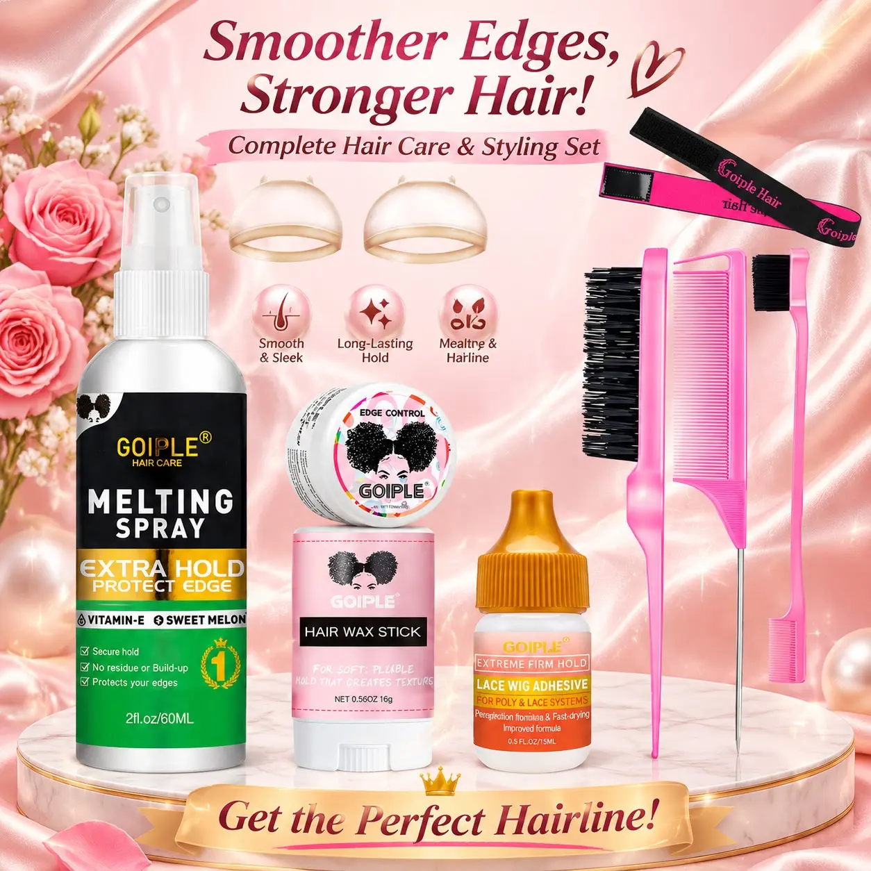 Complete Lace Wig Install Kit Extra Hold Lace Melting Spray For Wigs Lace Glue Edge Control Wax Stick Wig Caps Styling Comb Band Set, Beginner Wig Styling Tools, Sweat proof Lace Melting Kit For Natural Hairline，no residue，fast drying