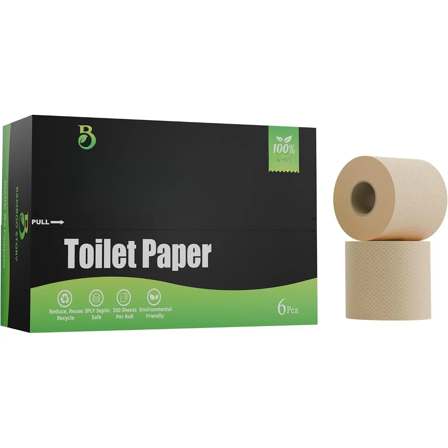 ,  Toilet Paper Unbleached, 6 Rolls, 3 Ply and 350 Sheets  Toilet Tissue - FSC Certified, ,  Free, Plastic Free, , Septic Safe Toilet Paper