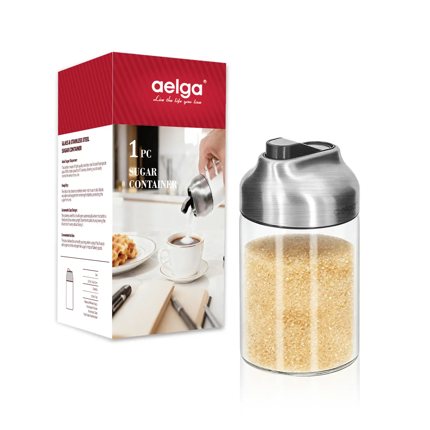 Aelga Glass Sugar Dispenser with Pour Spout, Weighted Pourer, Coffee Bar Accessories for Coffee, Tea and Baking