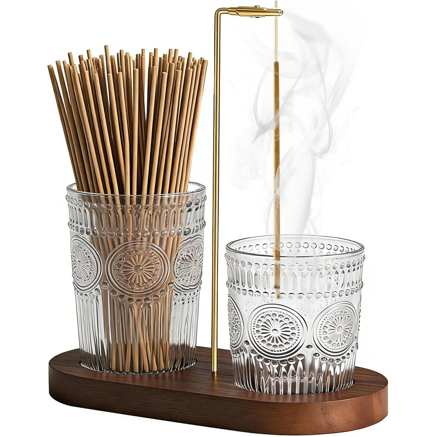 2 in 1 Incense Holder for Sticks, Vintage Glass Upside Down Incense Burner with Removable Ash Catcher & Solid Wood Base, Anti-Ash Flying Catcher for Meditation, Yoga, Spa & Home Decor- Brown